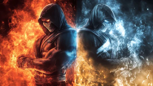 Hooded elemental warrior split by blazing fire and frost.