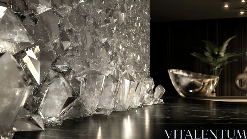Crystal wall divides a sleek modern interior lounge space.