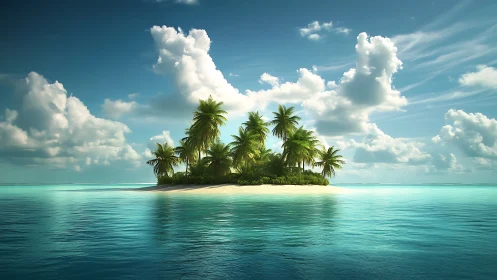 Tropical Island Paradise: Solitary Atoll in Crystalline Turquoise Waters.