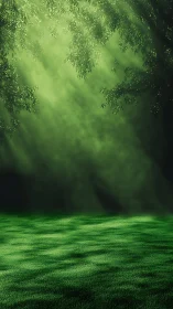 Volumetric forest light scattering across textured grass field.