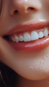 Close-up of glossy lips and white teeth in soft light.