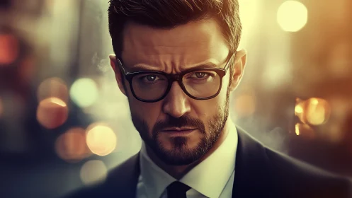 Bearded man in glasses against blurred urban night scene.