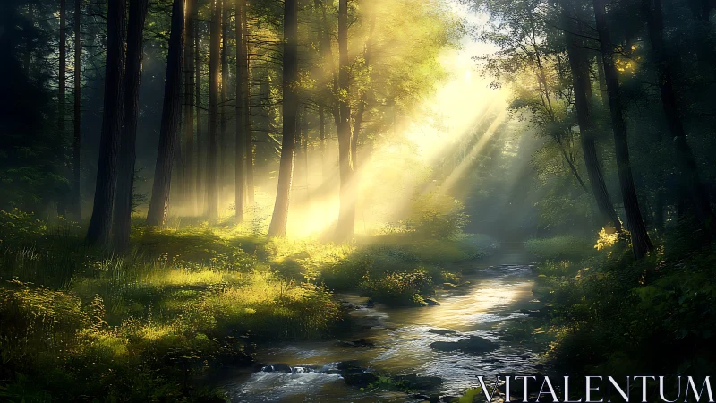 Sunlit forest creek with soft morning rays of light.