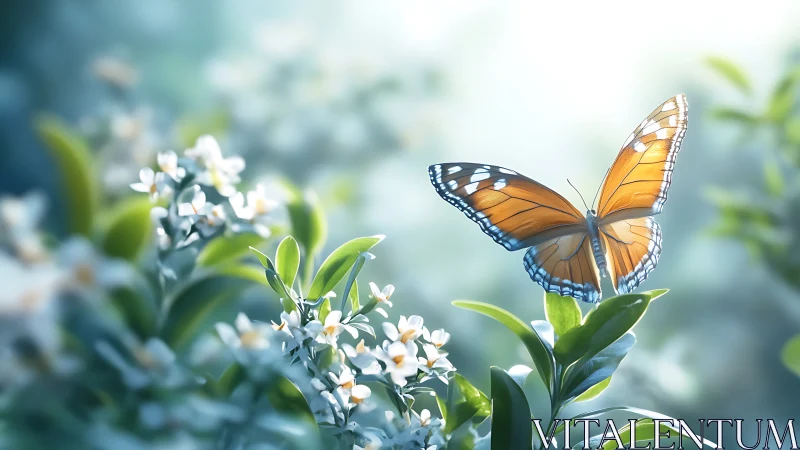 Orange butterfly rests among soft white blossoms in sunlight.