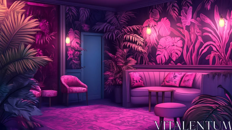 Neon magenta lounge interior uses dramatic foliage lighting gradients
