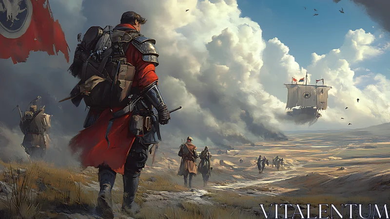 Marching travelers follow a skyship toward distant horizons