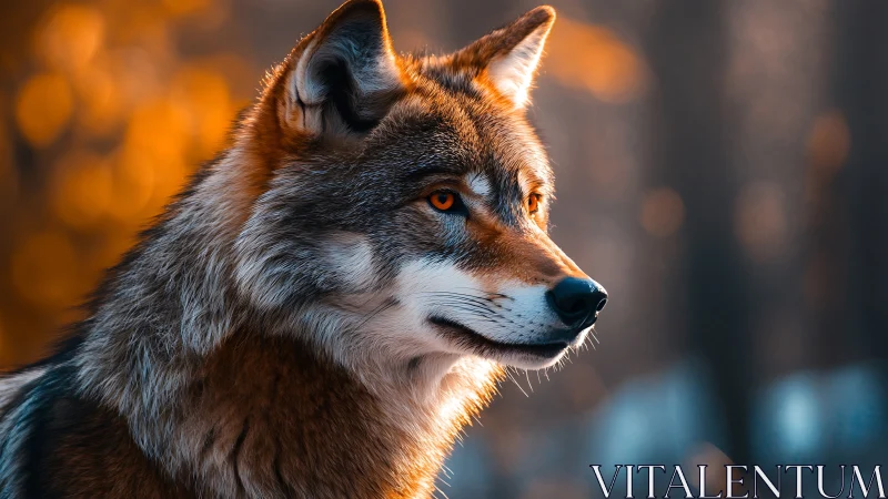 Close-up wolf portrait with warm forest bokeh background.