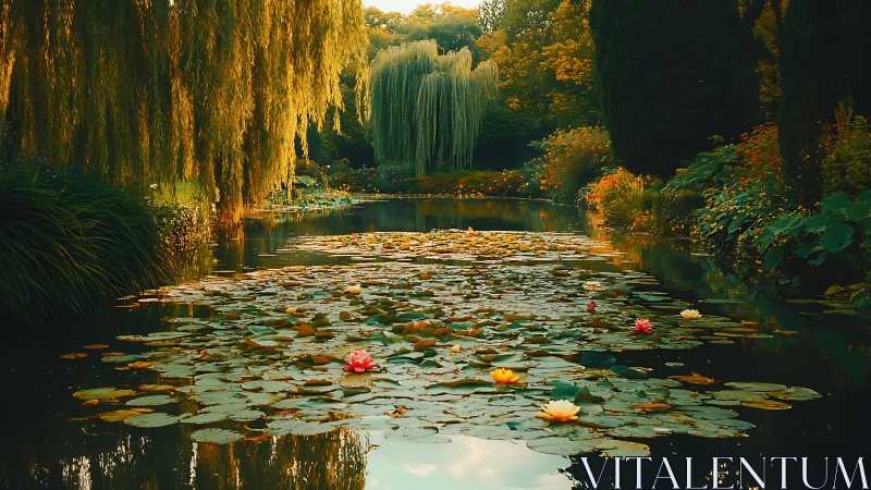 Willow curtains lean close as lilies light a secret pond