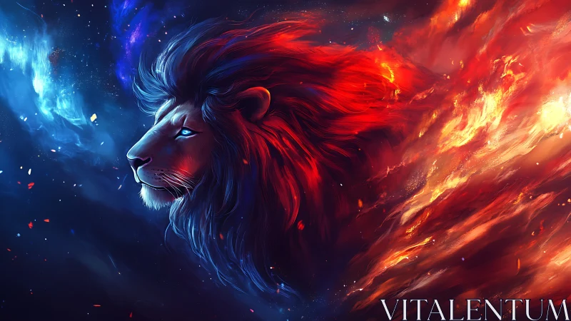 Celestial lion divides cold nebula and blazing inferno sky