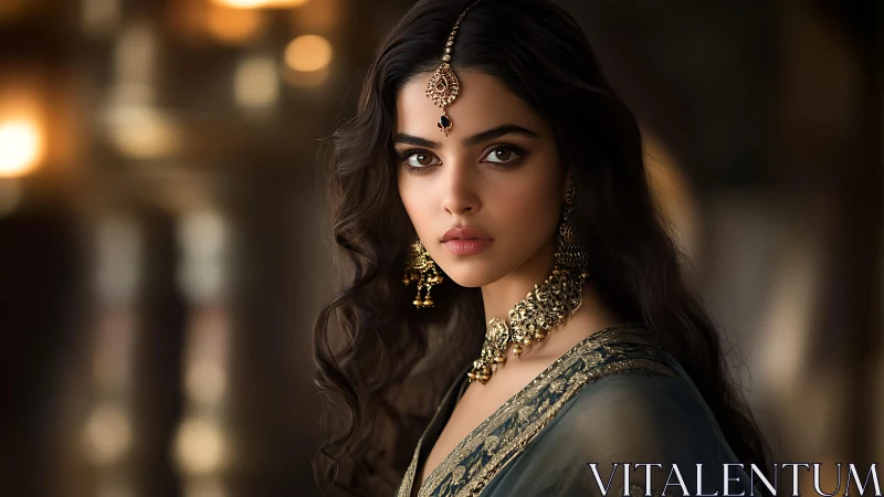 Woman in traditional attire facing camera in soft focus