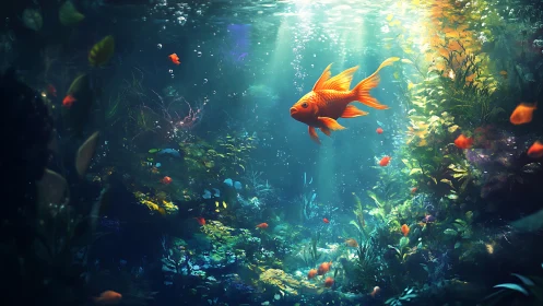 Digital underwater scene depicts goldfish in dense vegetation