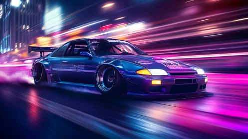 Neon-lit tuner drift car in high-speed urban nightscape