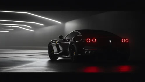 Midnight supercar prowls beneath neon runway lines.