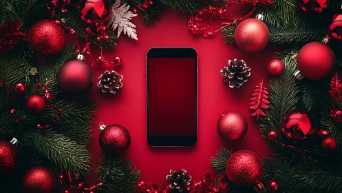 Photorealistic smartphone framed by festive red ornaments.