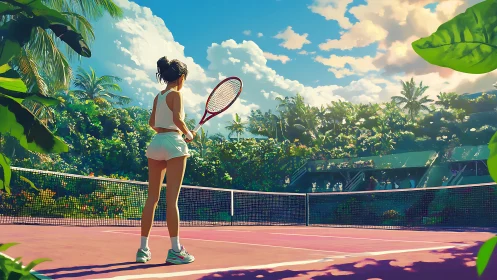 Tennis player on tropical court under vivid summer sky.
