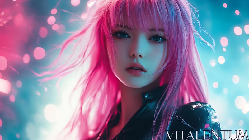 Cyberpunk portrait with neon bokeh and glossy leather styling.