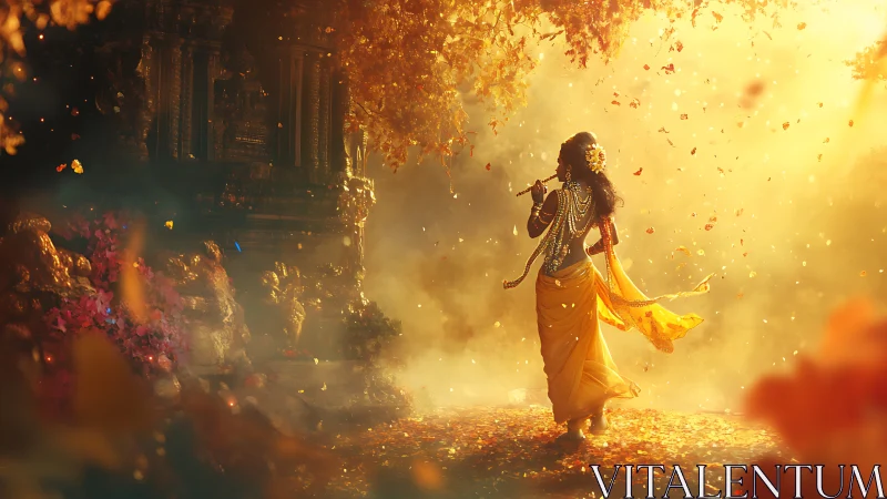 Divine figure playing flute in luminous autumn grove.