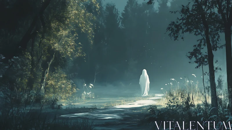 Shrouded figure on misty forest path at dawn.