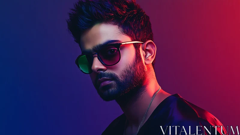 Neon rim-lit portrait of bearded man in sunglasses, dual gels