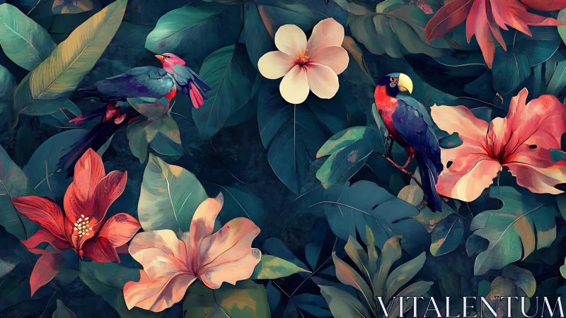 Tropical birds among large leaves and flowers in rich color.