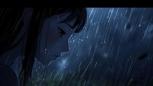 Melancholic anime profile rendered in cool nocturnal rain