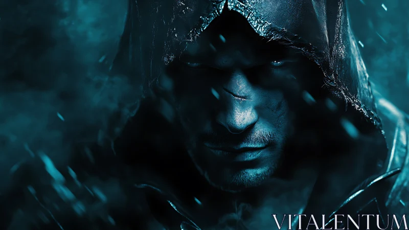 Hooded male warrior in blue-toned rain close-up portrait.