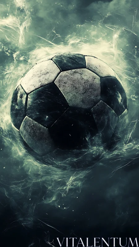 Soccer ball spins through smoky teal energy vortex.