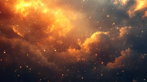 Stellar nebula clouds glow with dense golden starfield.