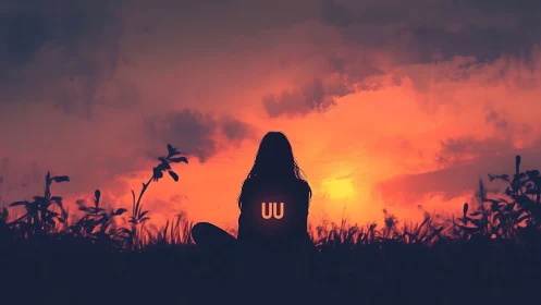 Silhouetted figure sits before orange sunset sky horizon