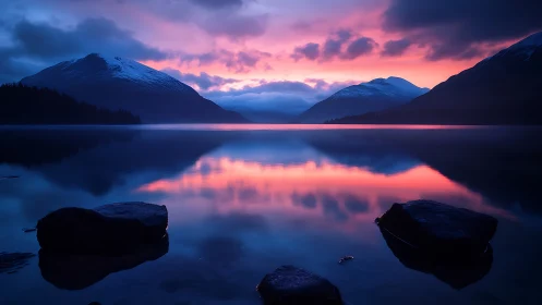 Snow covered mountains reflect in still lake at dusk