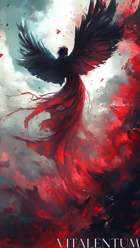 Winged dark figure in red clouded environment observed.