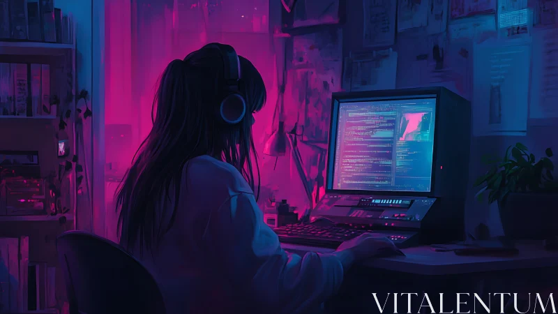 Late-night coder in neon glow at a cozy retro desk.
