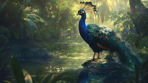 Peacock standing by forest pool in filtered morning light.