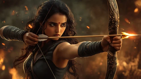 Warrior archer with flaming arrow in cinematic golden bokeh.