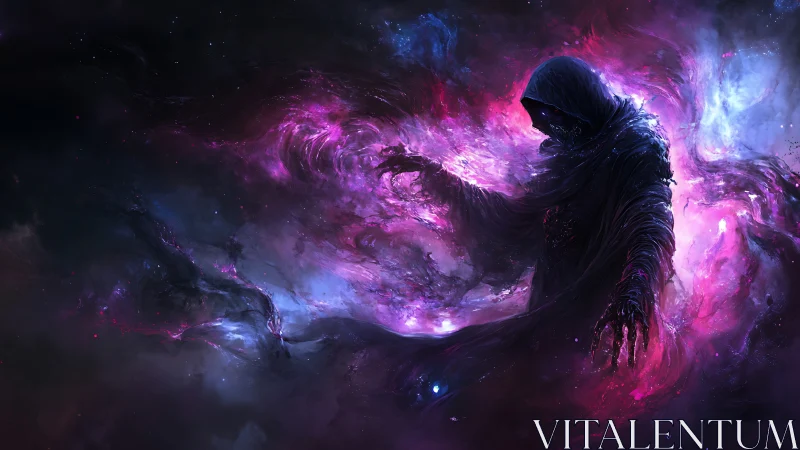 Hooded cosmic wraith emerges from swirling nebula void