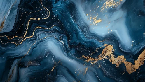 Midnight blue fluid marble with luminous gold veins.