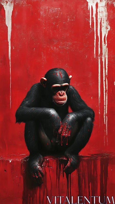 Solitary chimpanzee on red wall with dripping paint.