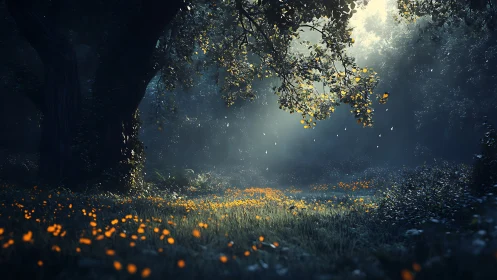 Enchanted forest clearing with golden bokeh-lit wildflowers.