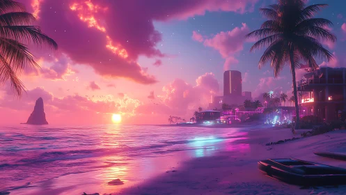 Neon sunset shoreline where city lights meet calm waves.