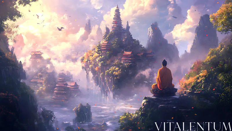 Monk meditating above misty pagoda valley at sunrise