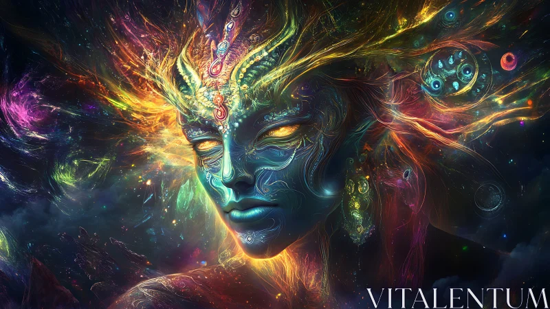 Cosmic mind weaver crowned with swirling nebula dreams.