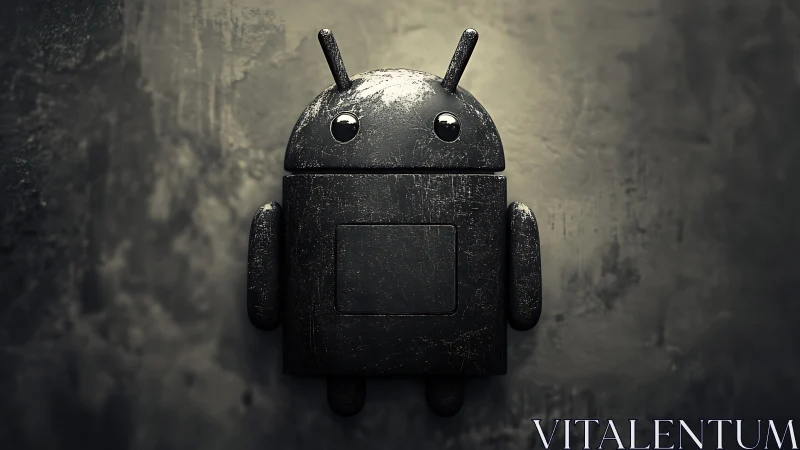 Weathered black robot mascot stands against moody wall