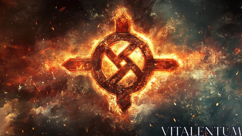 Fiery glowing emblem blazing against a stormy dark sky.