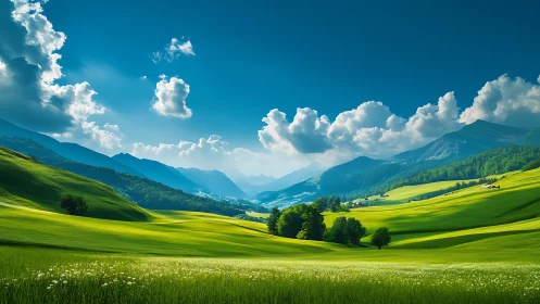 Sunlit green valley unfolds beneath dramatic mountain skies