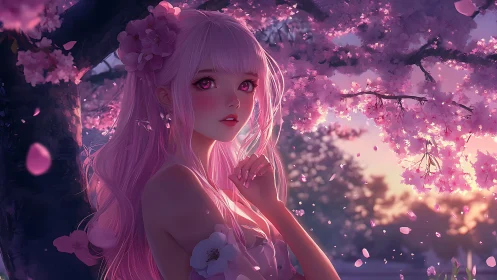 Pink-haired figure stands under dense cherry blossom canopy