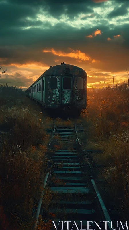 Derelict train rests under blazing storm-torn sunset sky.