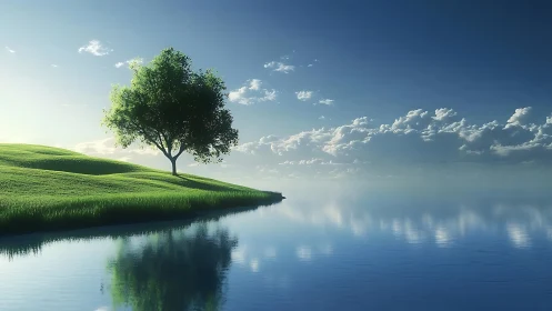 Solitary green tree on calm reflective lakeside slope.