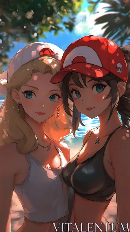 Sunlit caps tilt as beachside best friends claim the frame