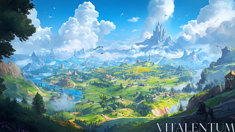 Cloudthrone kingdom breathes across a sunlit emerald valley