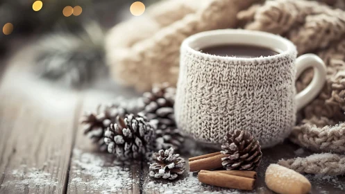 Photorealistic winter mug still life with knitted texture focus.